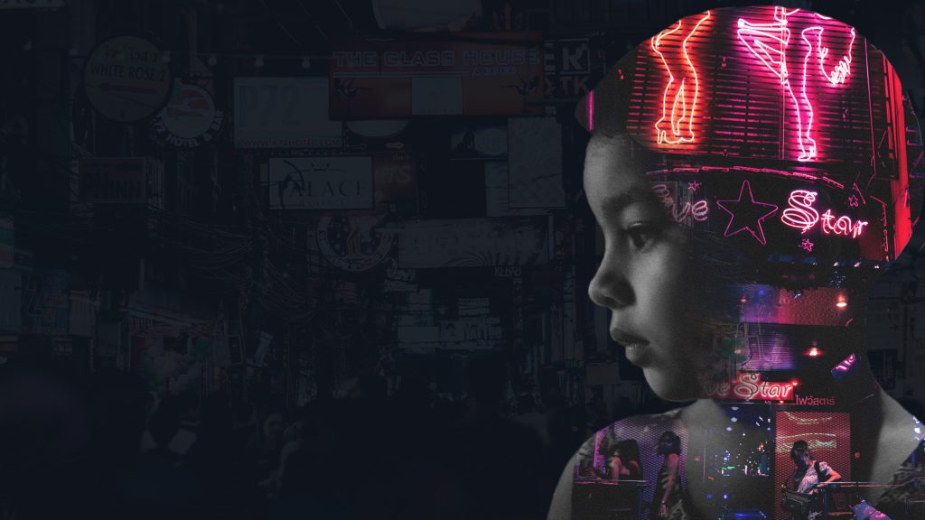 image of a young boy superimposed onto an image of neon signs in a red light district, representing the harsh reality of boys and human trafficking