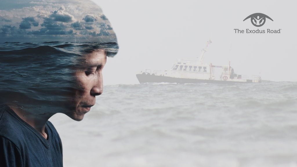face of a young man superimposed onto an image of a ship in water, representing the harsh reality of labor trafficking