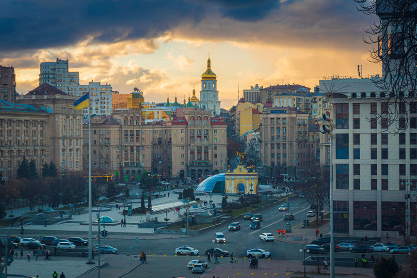 a view of the city center of Kyiv, where human trafficking and refugees have become a significant problem due to the conflict with Russia in Ukraine