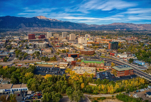 Aerial view of Colorado Springs, where The Exodus Road's U.S. office is located and engaged with local non-profits on the issue of human trafficking in Colorado