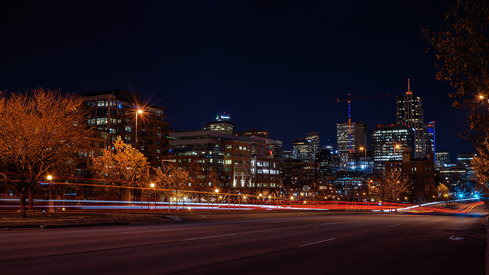 City street at night in Denver, where many organizations focused on the issue of human trafficking in Colorado are based