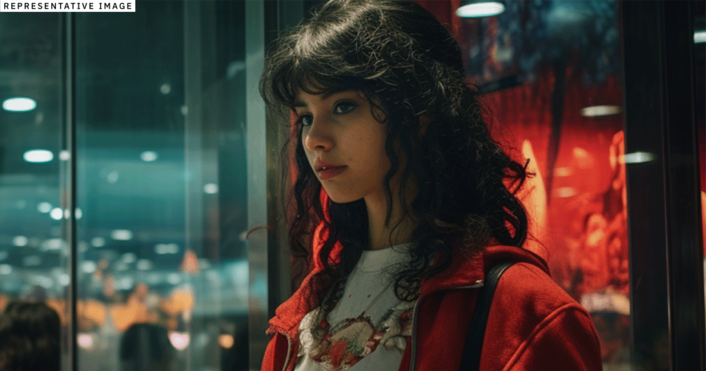 young Latin American woman standing in a mall at night