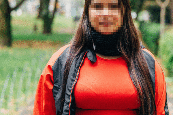 Mabelly Survivor Story 03 Mabelly, a survivor of sex trafficking, her face obscured for security