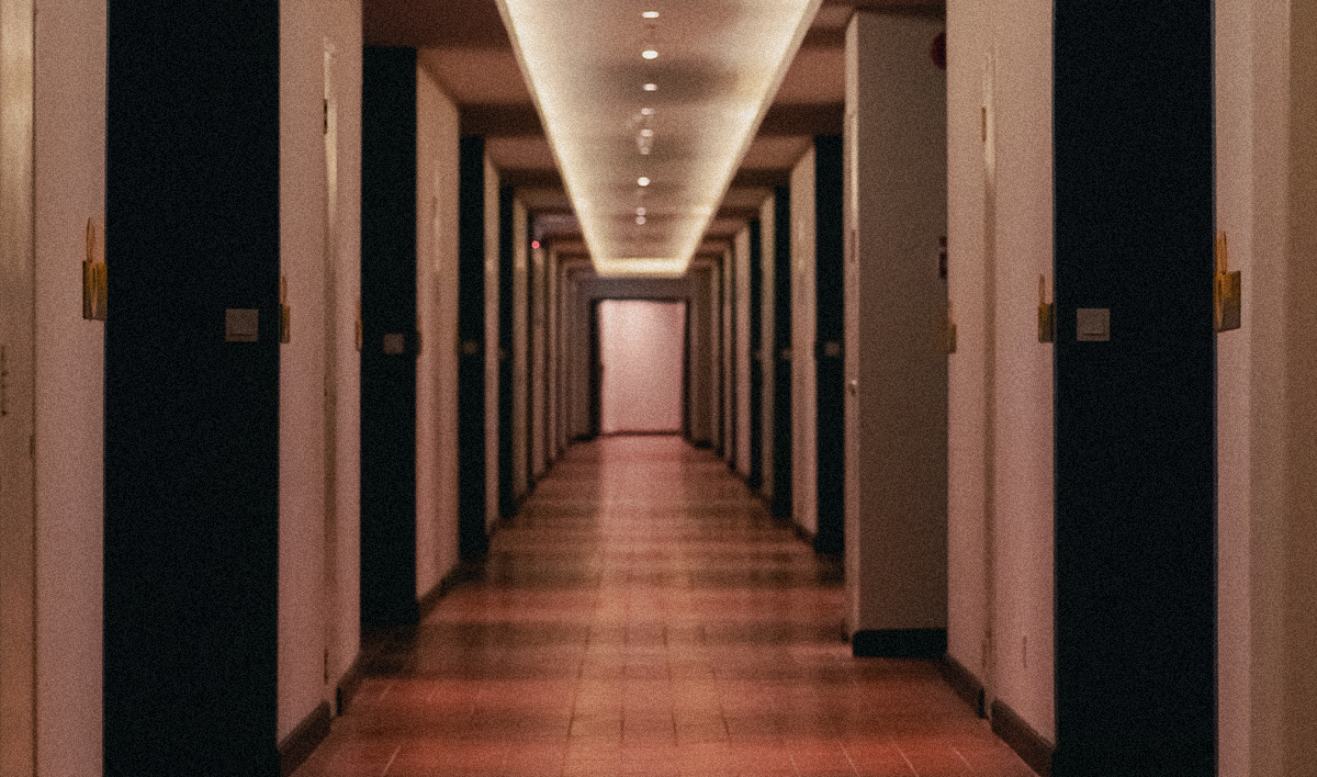 Run down hotel hallway.