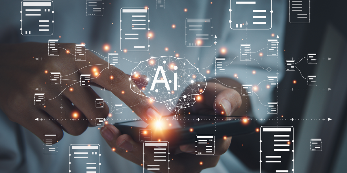 AI and digital interface mockup hovers over a person's hands holding a phone