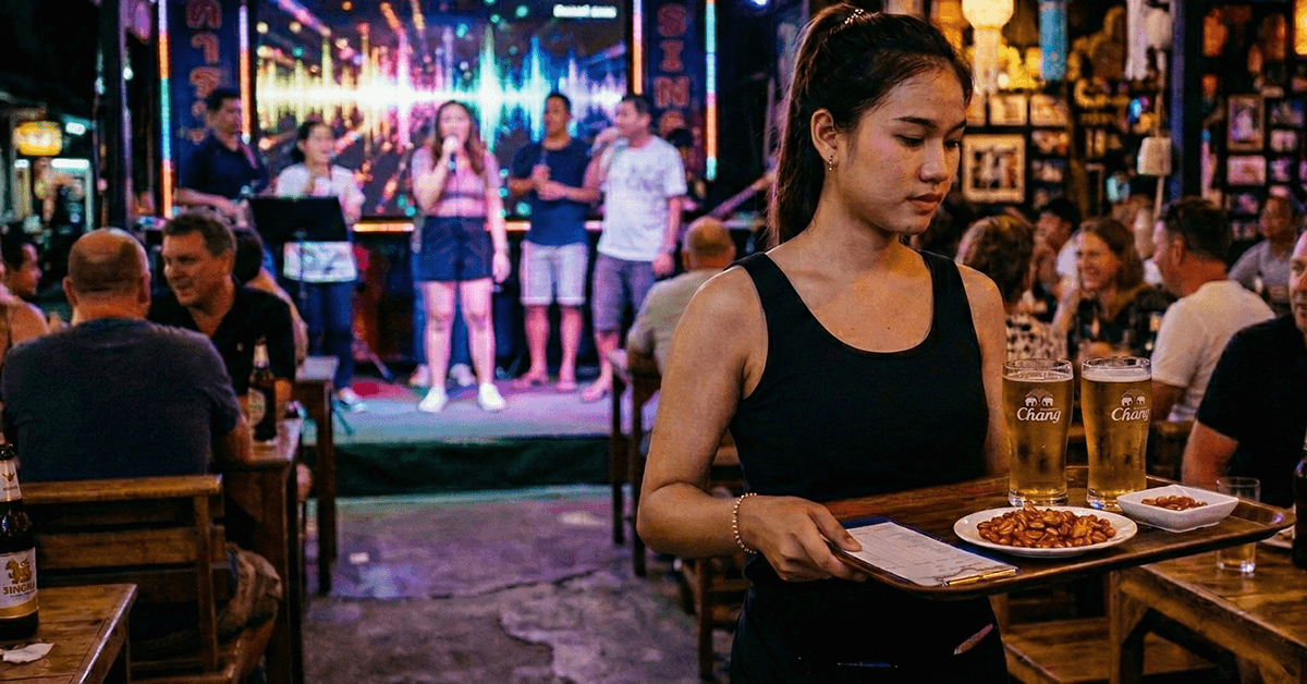 Waitress working in a karaoke bar.
