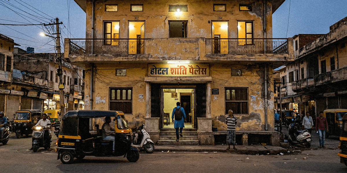 Nondescript hotel in India at dusk, photographed from the street.