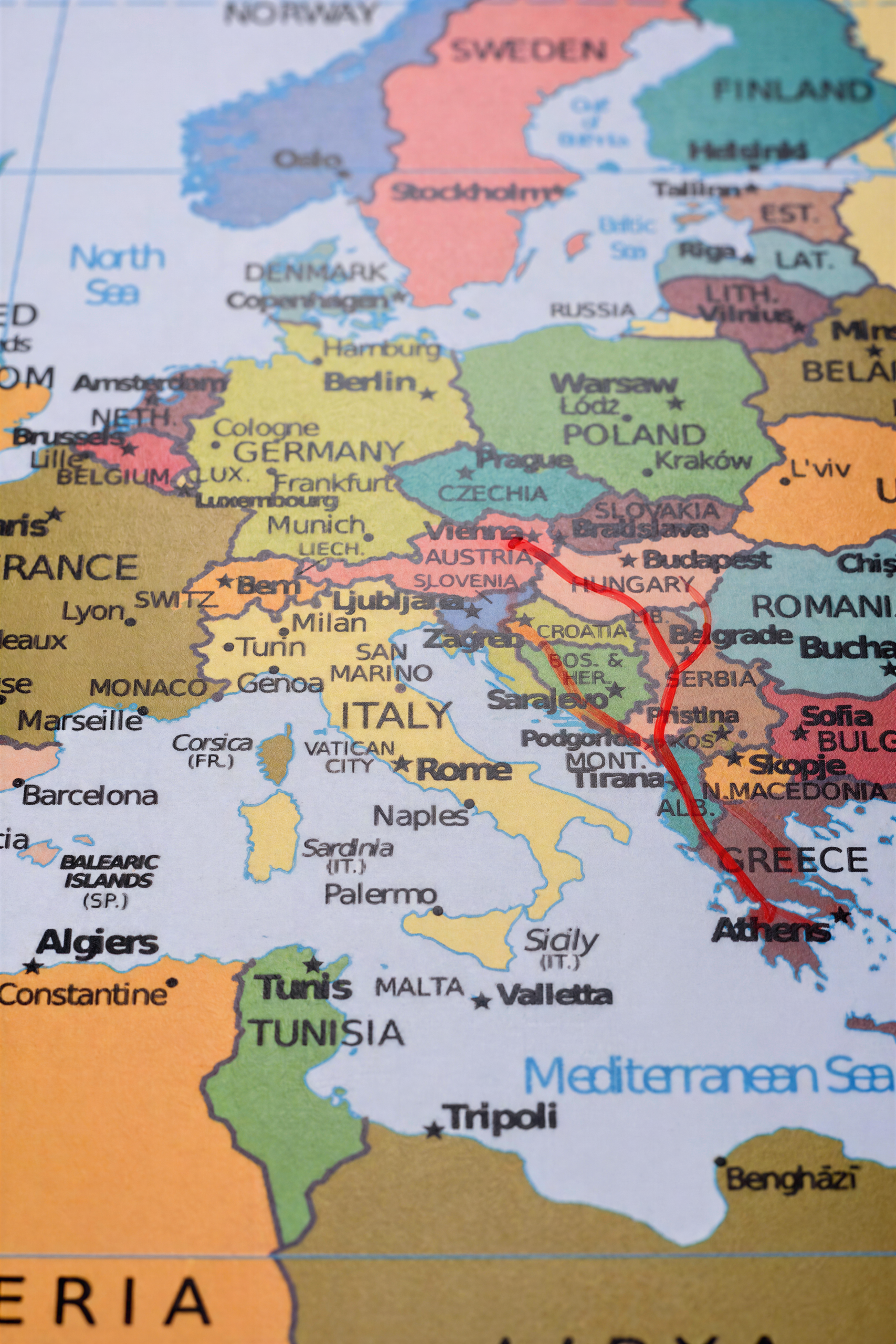 Map of the Balkans with a route from Greece to Central Europe marked.