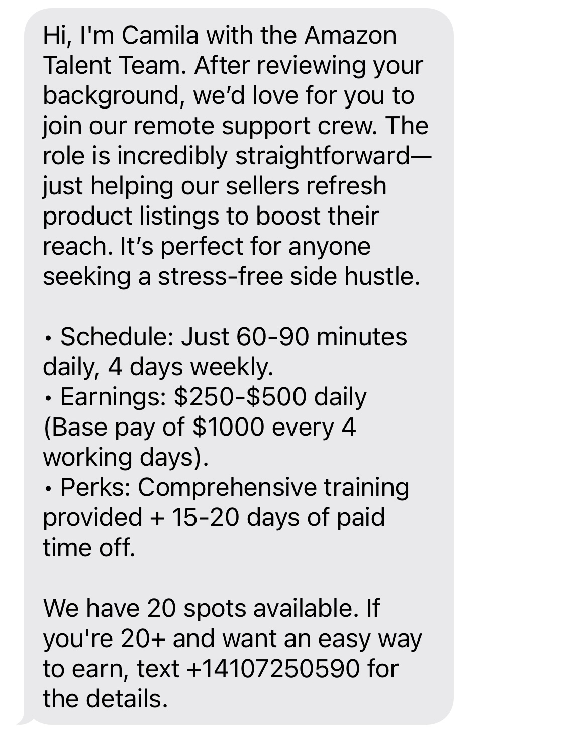 Screenshot of a fraudulent text-message job offer promising a minimum of $1,000 for 60 to 90 minutes of work per day, four days a week.