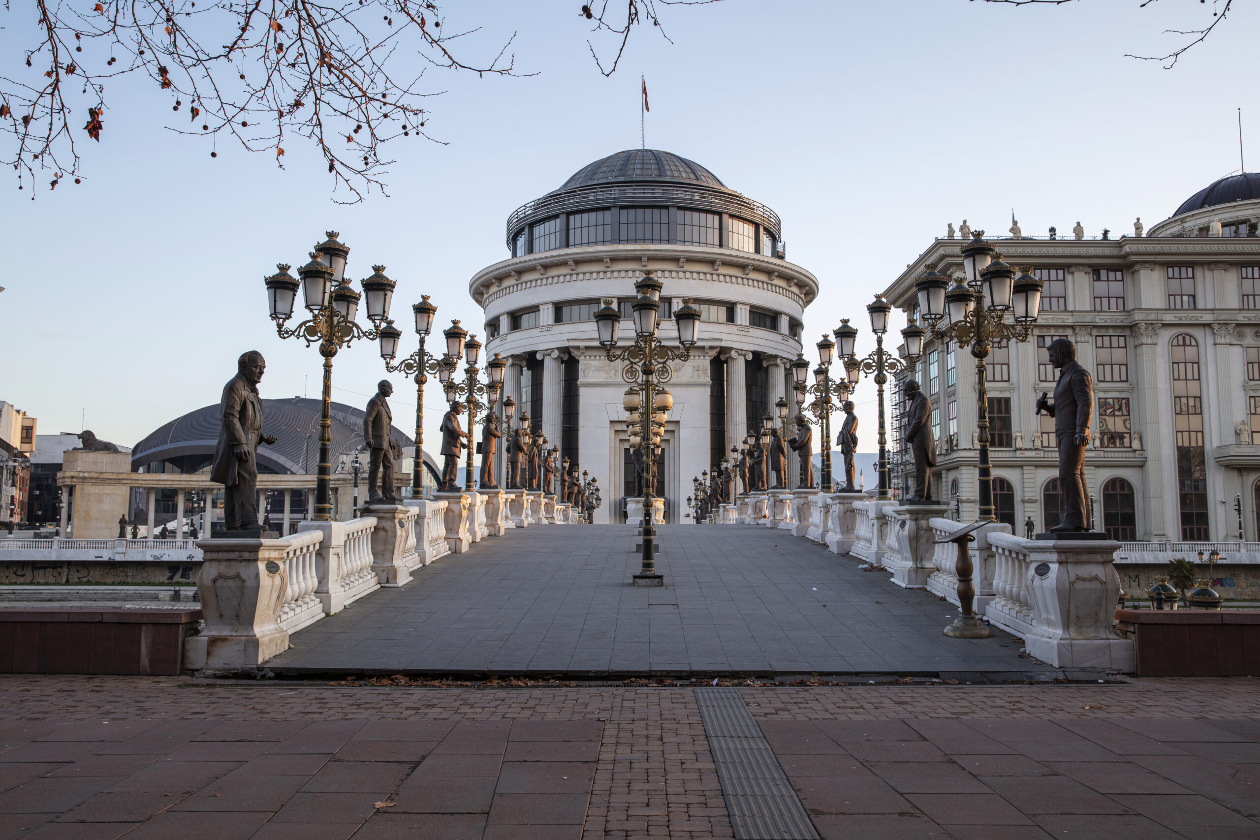 Skopje, North Macedonia, on the banks of the Vardar river.