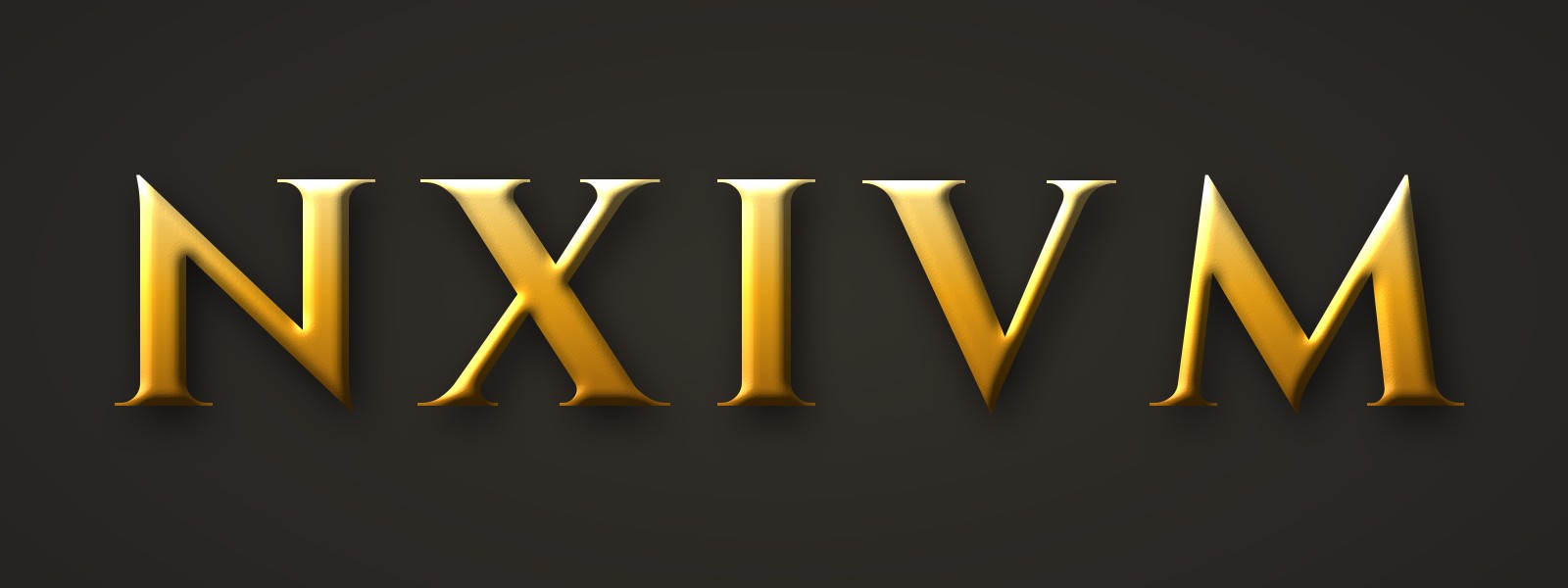 NXIVM in gold beveled serif capital letters on a dark background